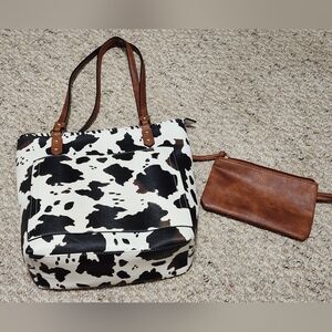 Cow Print Tote Bag with Small Brown Bag